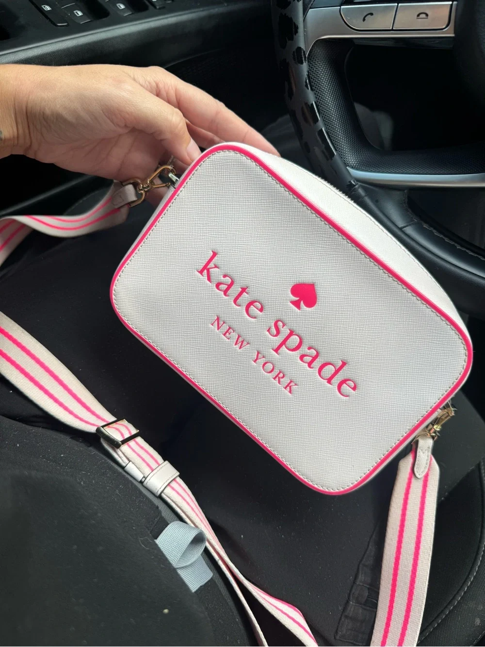 kate spade White and Pink Crossbody Bag with Striped Strap